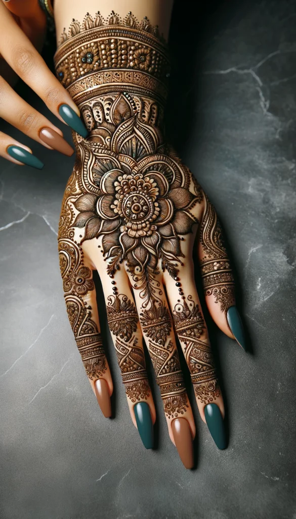indian bridal mehndi - Rajwadi design - back side of the hand.