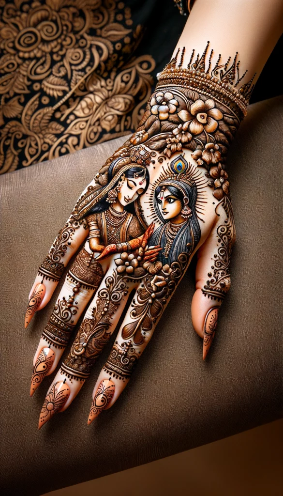 indian bridal mehndi -radha krishna design - back side of the hand