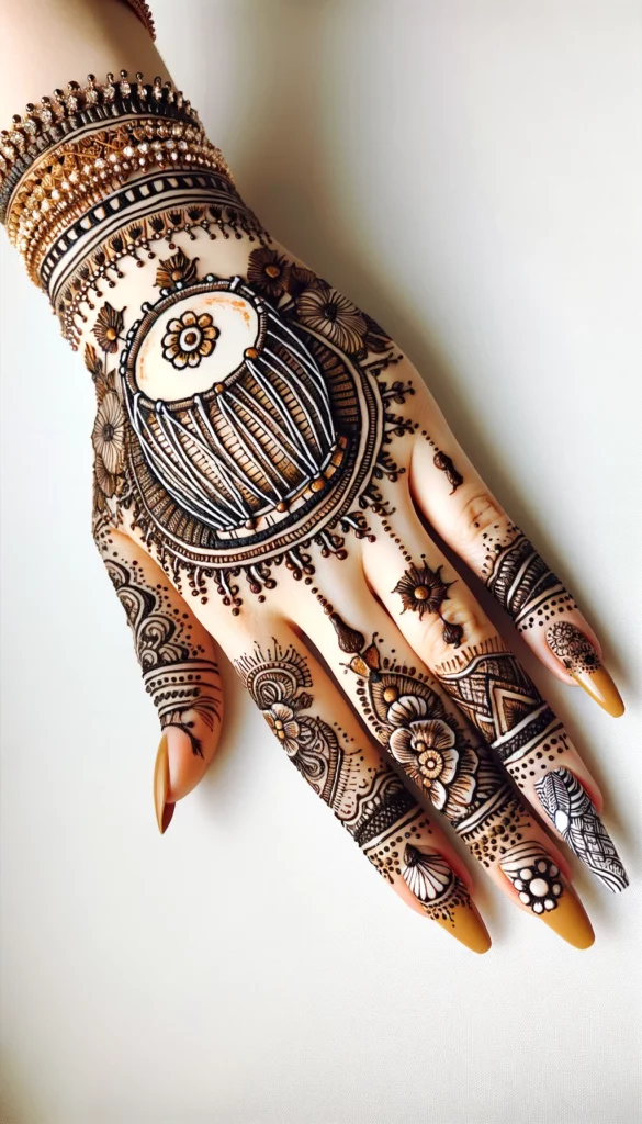 indian one sided dhol mehndi - back side of the hand. with nails